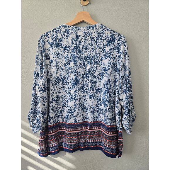 Rebecca Malone Petite Boho Blouse Blue White Border Print Rayon Top Size PXL - Picture 5 of 8